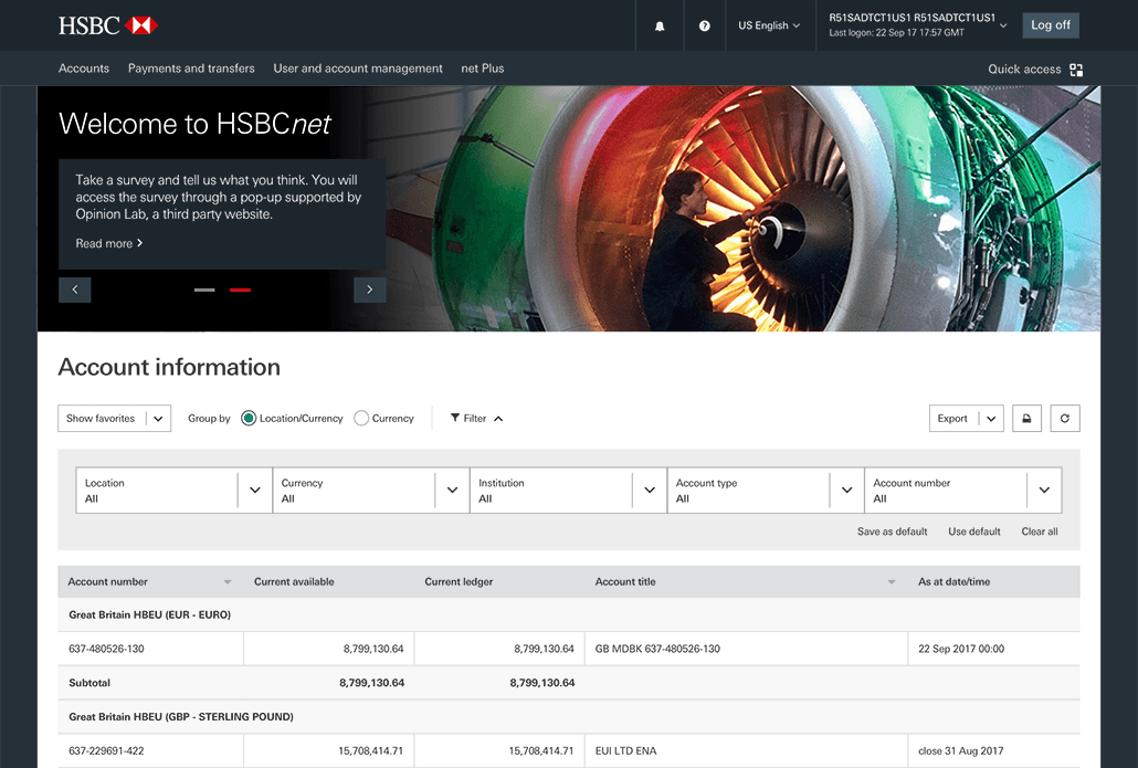 Screenshot of the HSBC Corporate Banking website; part of John Kavanagh's selected project work.