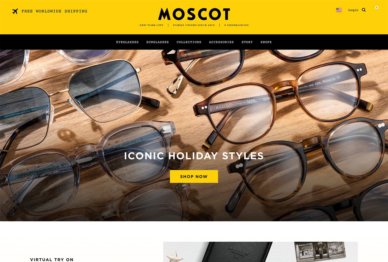 Screenshot of the MOSCOT Eyewear website; part of John Kavanagh's selected project work.