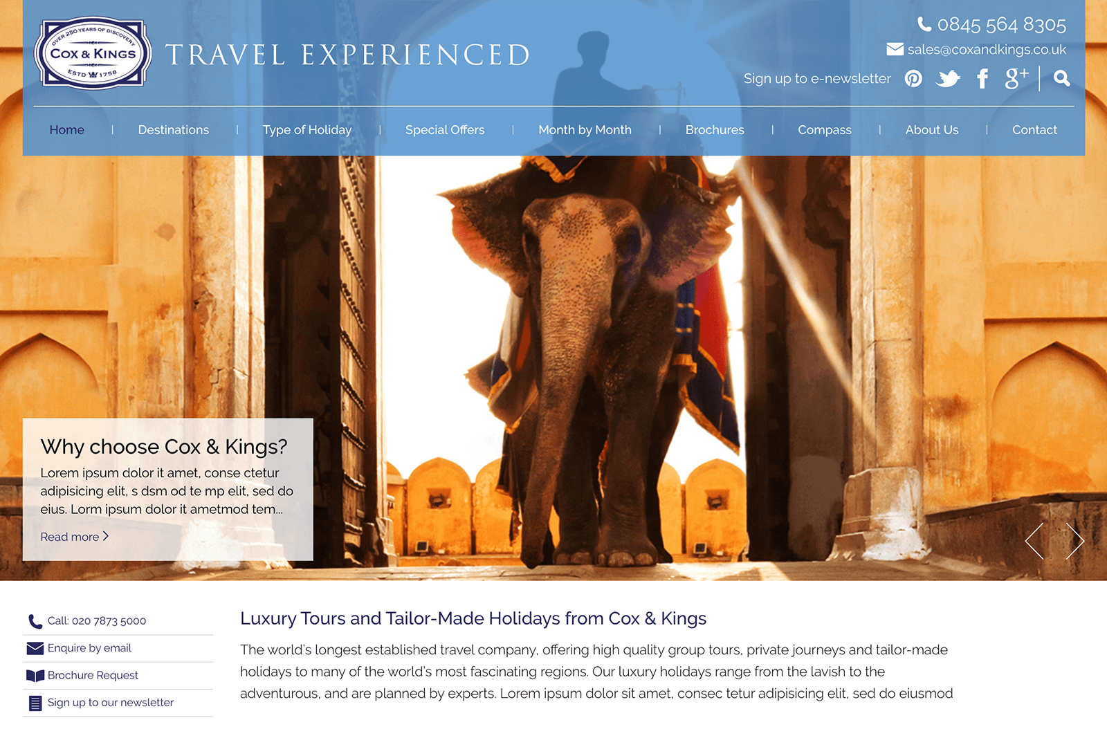 Screenshot of the Cox & Kings website; part of John Kavanagh's selected project work.